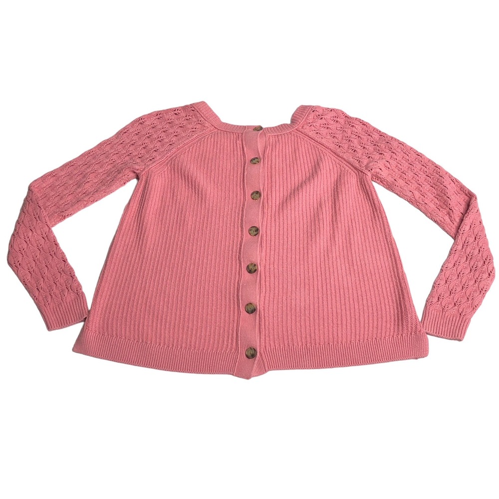 Ann Taylor Loft Sweater XS Pink Knit Crochet Ribbed Button Back Coquette Preppy
